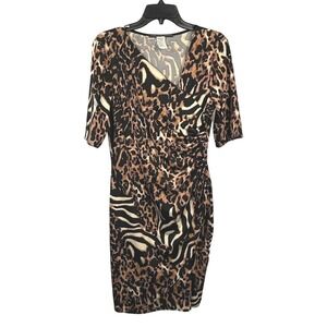 aDRESSing WOMAN Size L Stretch Knit Dress 3/4 Sleeve Ruched Knee Length Leopard